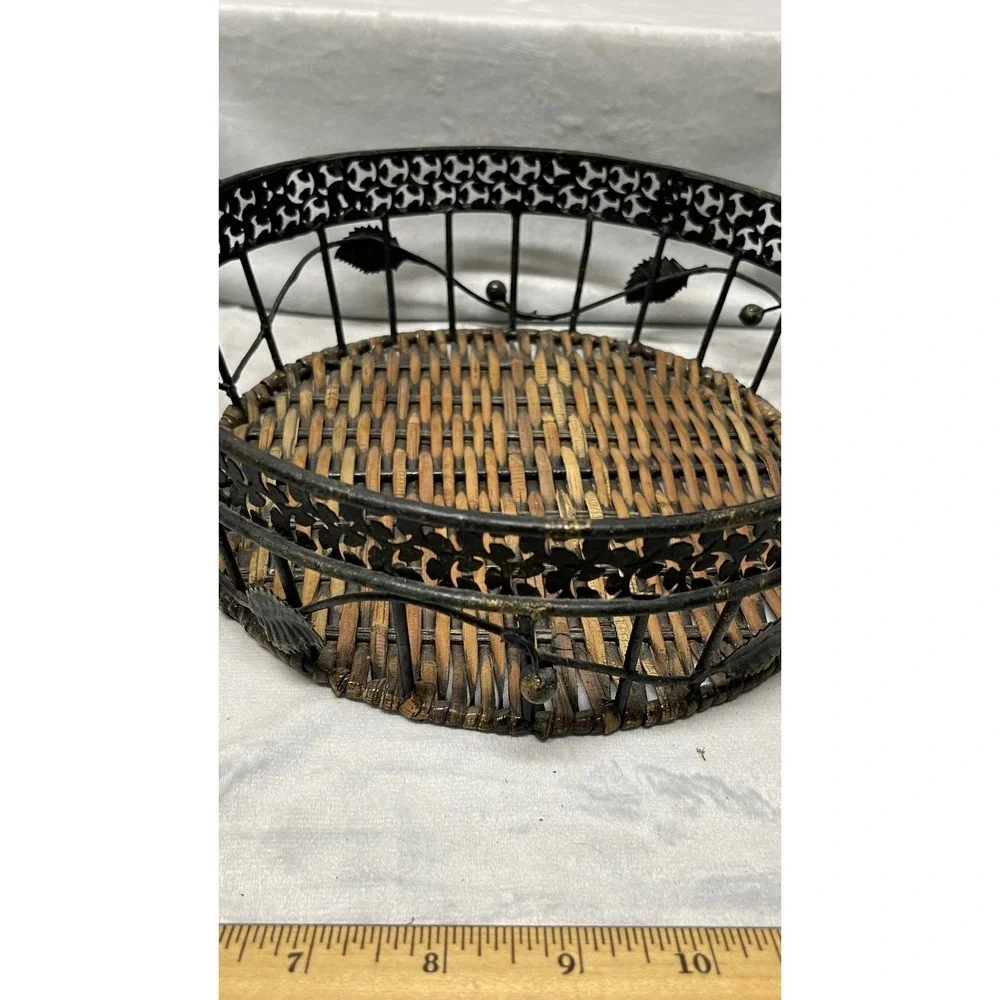 Wrought Iron and Wicker Round Decorative Basket with Handles Leaf Accents Black